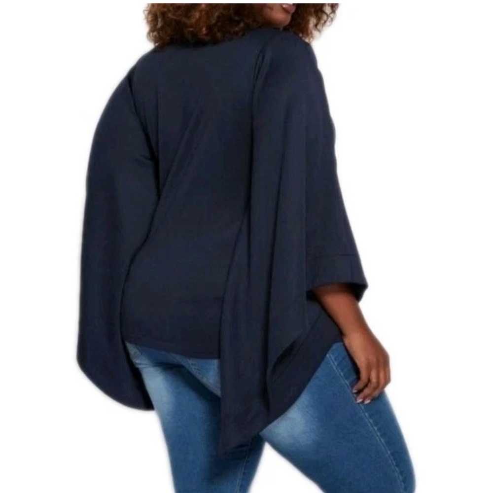 Ashley Stewart Exaggrated Flare Sleeves Scuba Top Woman Plus 18/20W Blaze Navy
